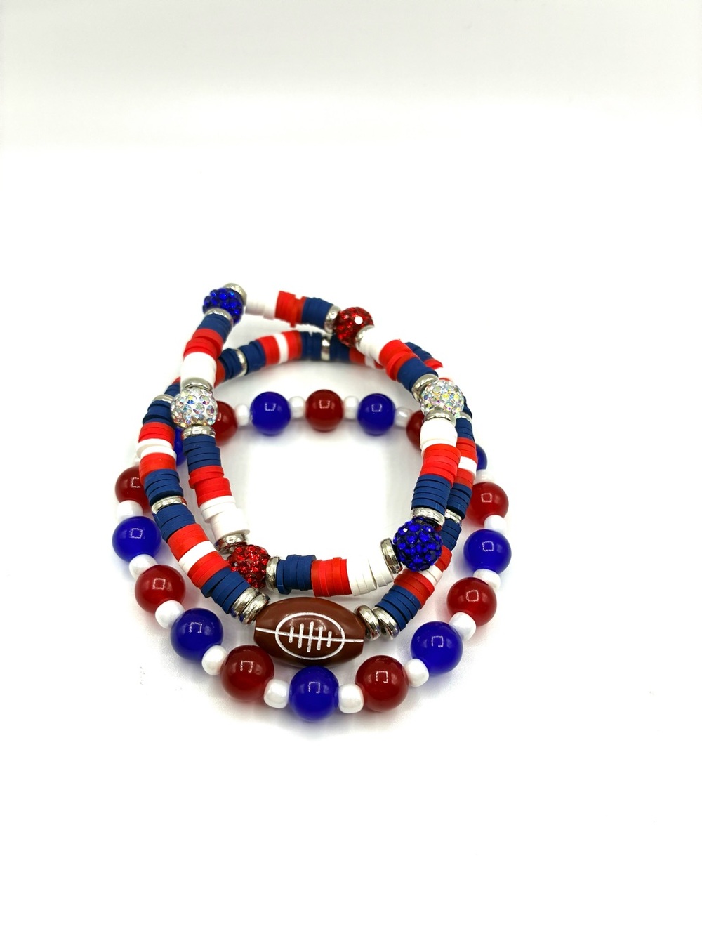 Football Beaded Stretch Bracelet Set-Red, White, Blue